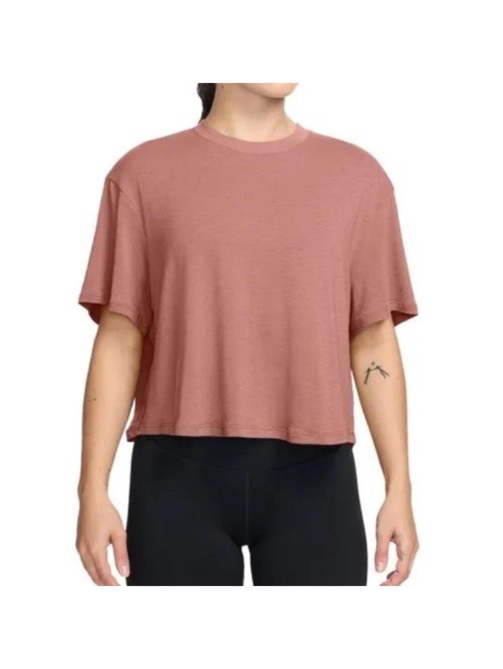 $45 Women's Nike One Relaxed Dri-FIT Cropped Short-Sleeve Top Rust Pink XL HJ106
